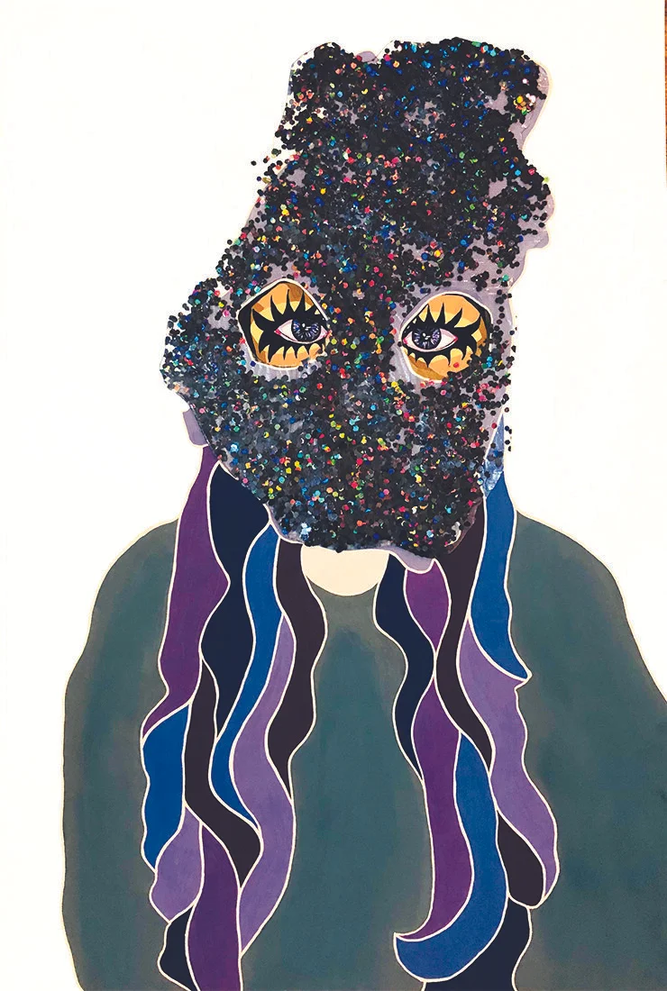 Masks Off II- gouache, glitter, gloss medium on watercolor paper