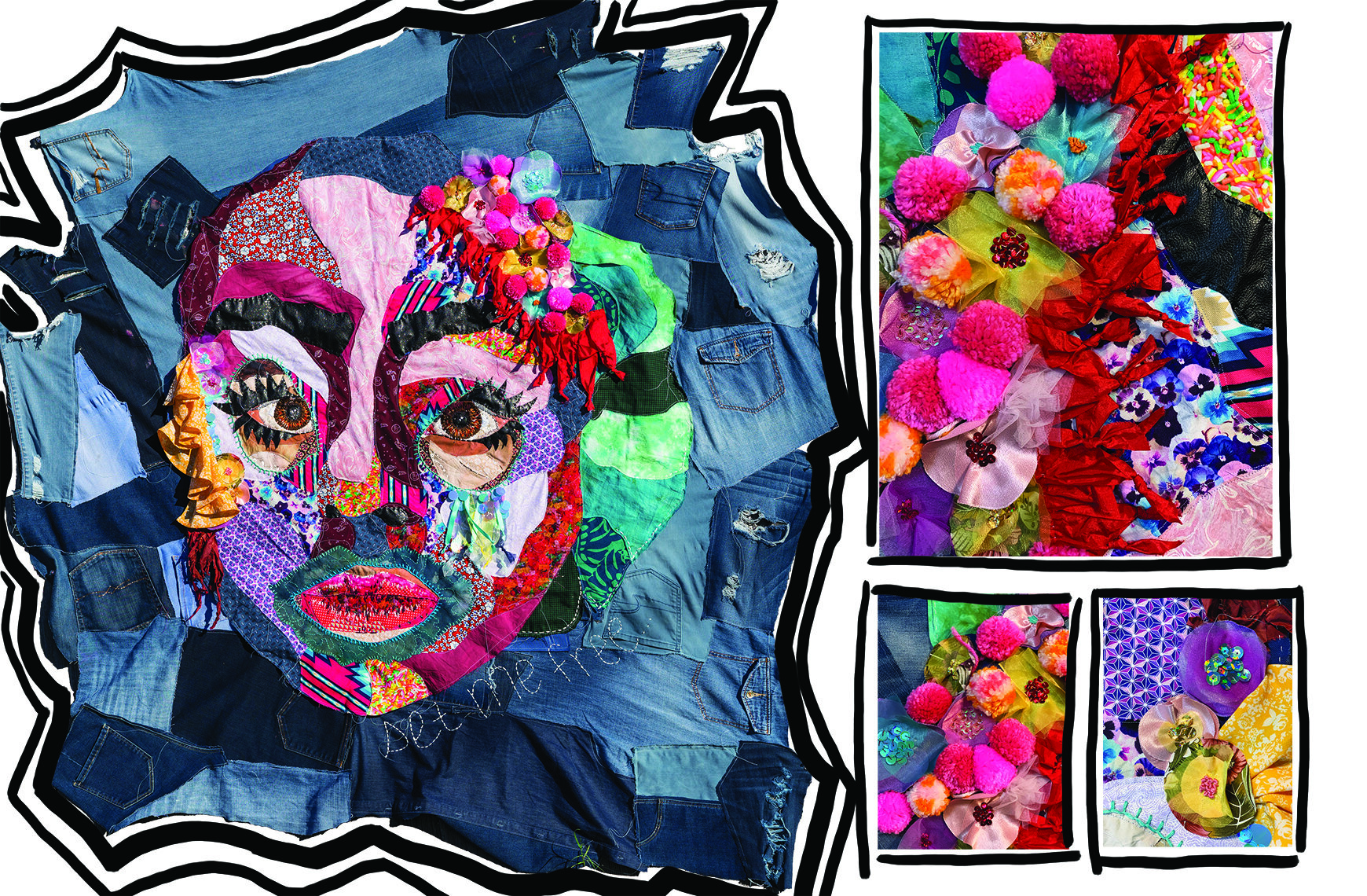 Set Me Free- fabrics, embroidery floss, sequins, and yarn
