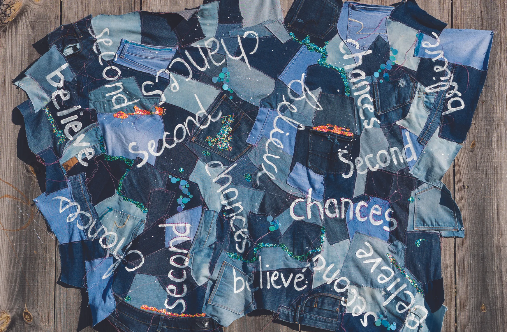 Believe. Second. Chances.- recycled jeans, acrylics, sequins, glitter, and embroidery floss