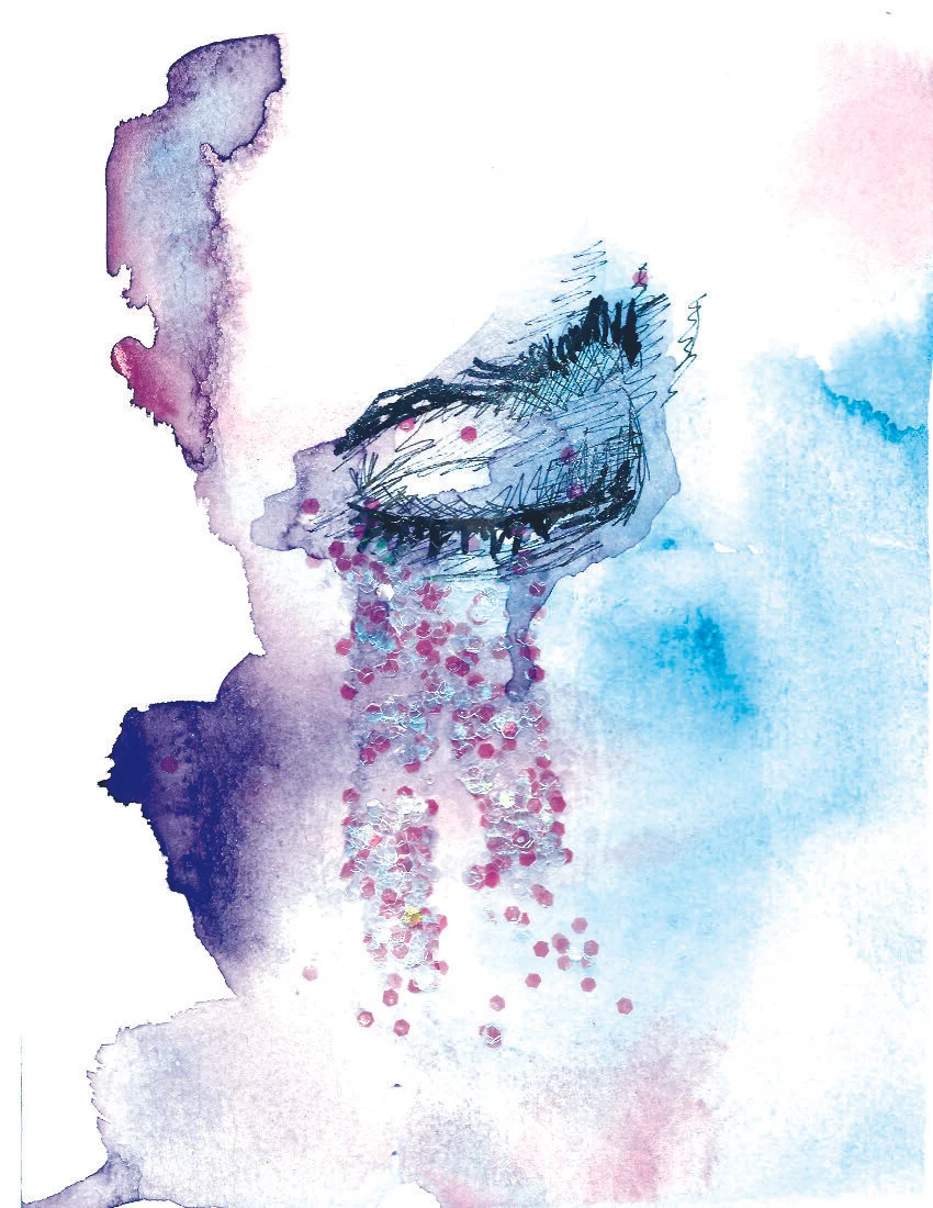 Cried My Eyes Out IV- water, pen, gloss medium, glitter, rhinestones on paper