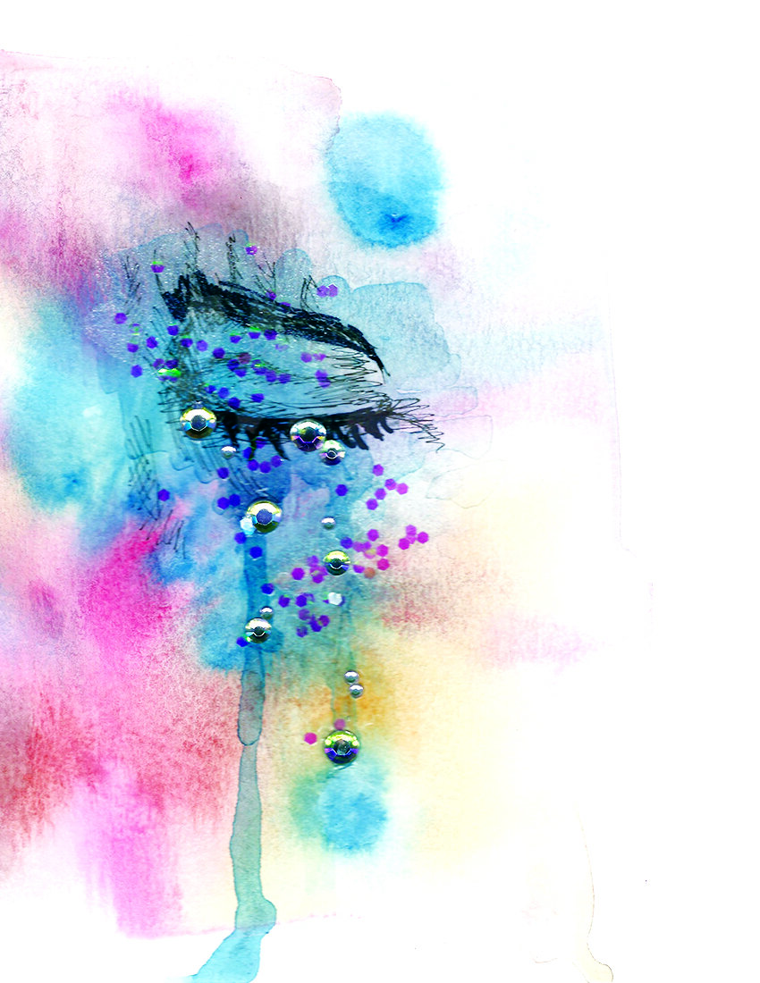 Cried My Eyes Out I- water, pen, gloss medium, glitter, rhinestones on paper