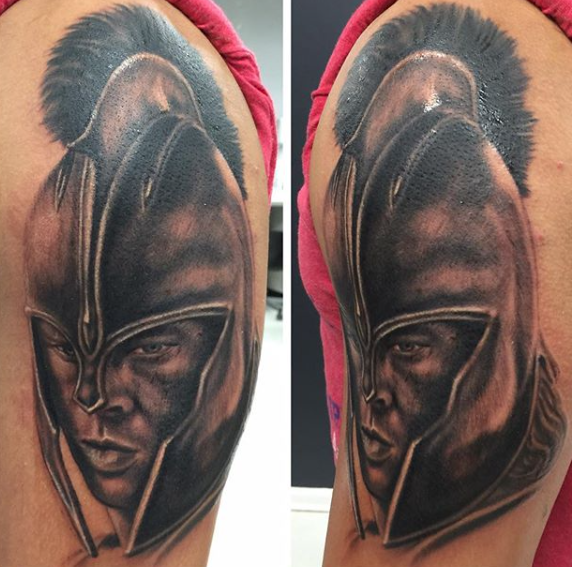 Amazing 3D Achilles Warrior Tattoo On Man Left Half Sleeve