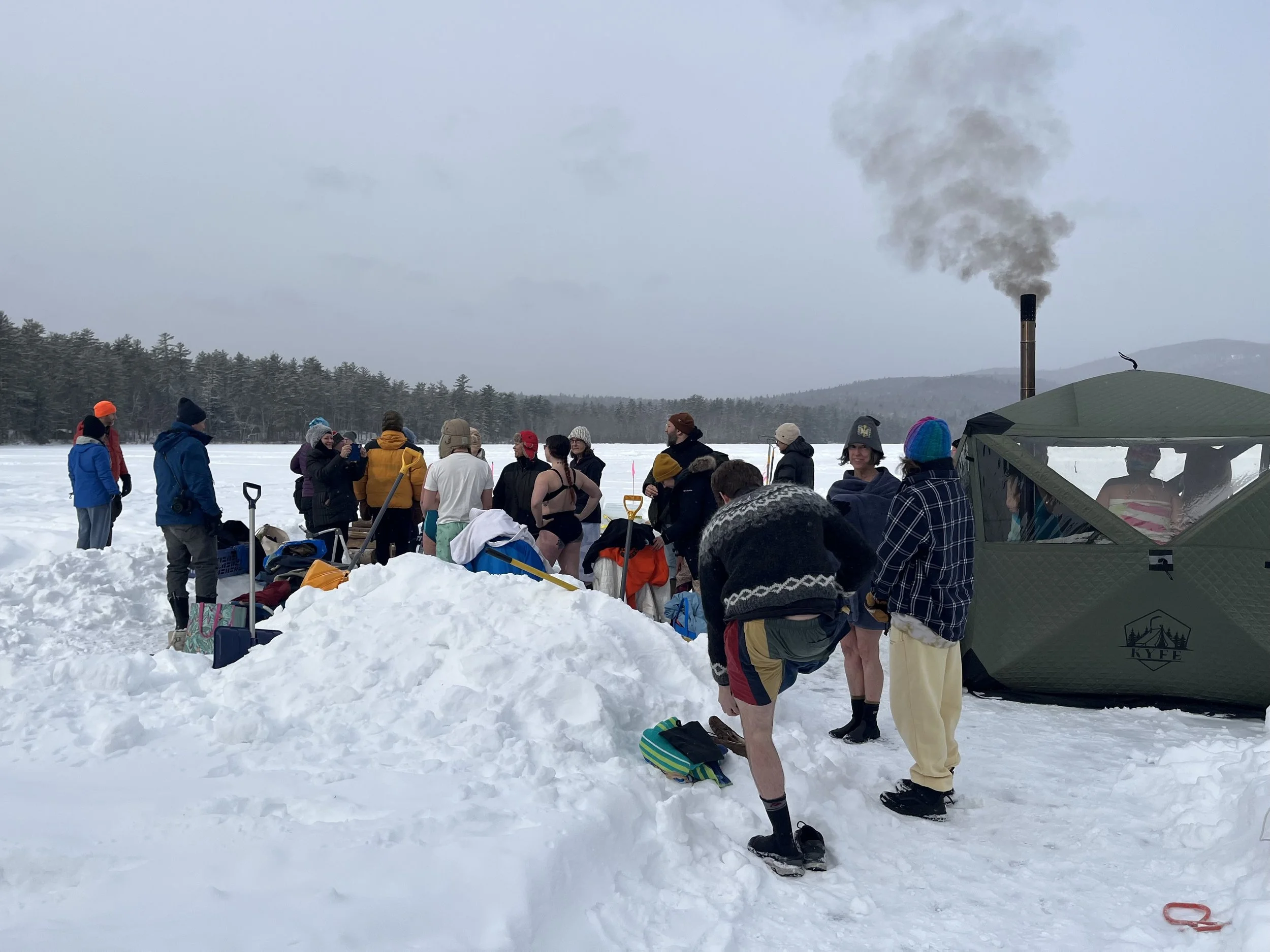 Gathering on the ice with a wood-fired sauna tent from White Mountain Sauna Haus