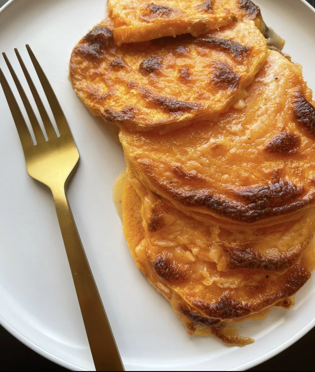 Cheesy Garlic Scalloped Sweet Potatoes