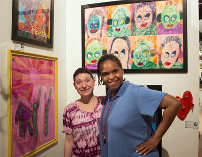Selena and Jen with their pieces at Poptropolis . 2016. Koken Art Factory.