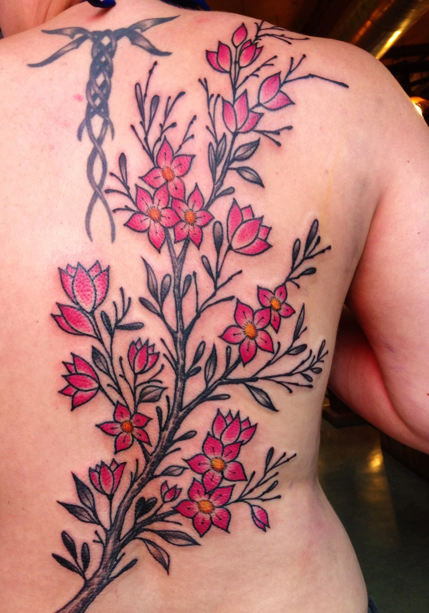 Colorful floral tattoo of pink flowers and black branches on a person's back and shoulder.