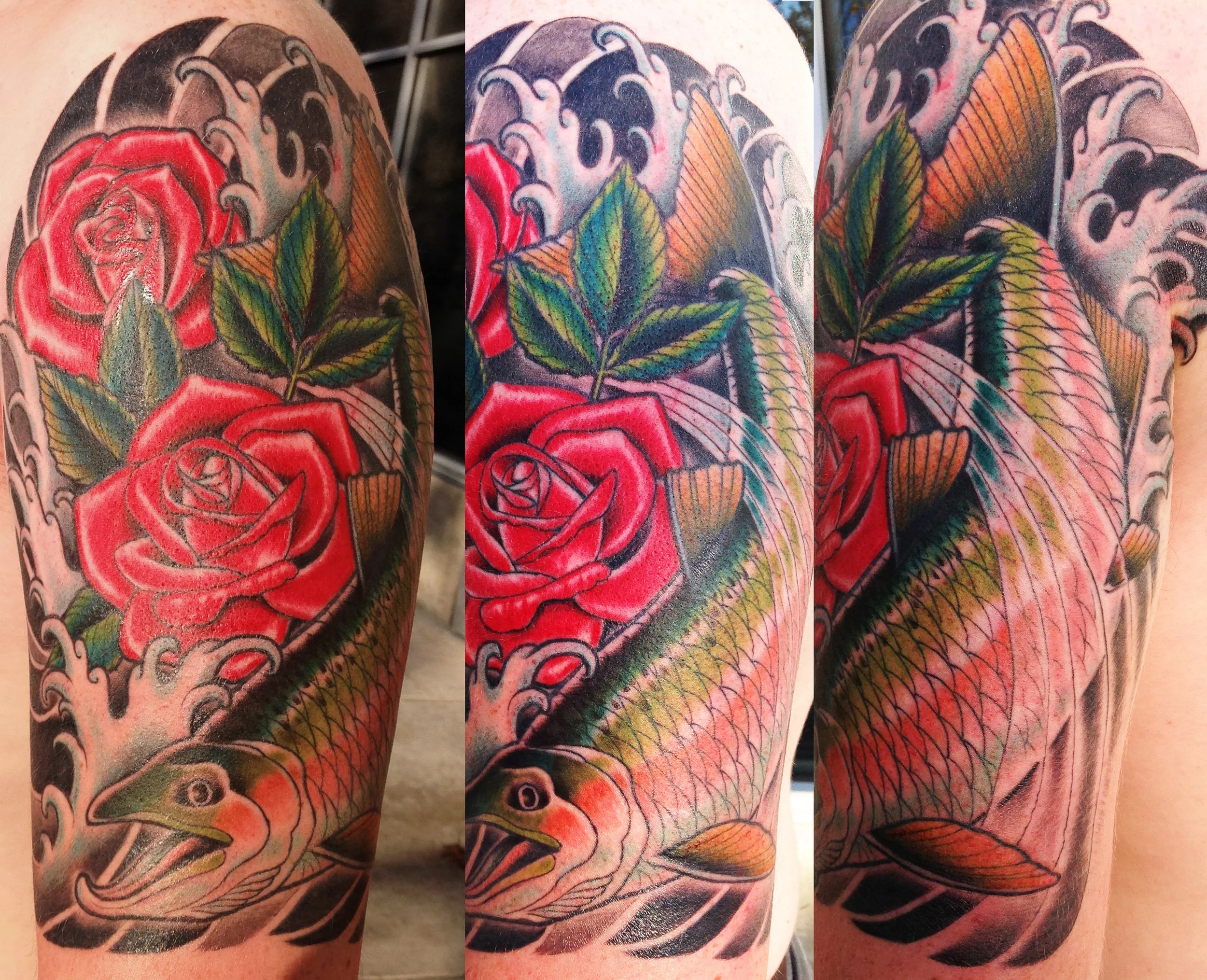 Tattoo of a red rose and a fish with green and orange scales, surrounded by stylized waves and leaves.