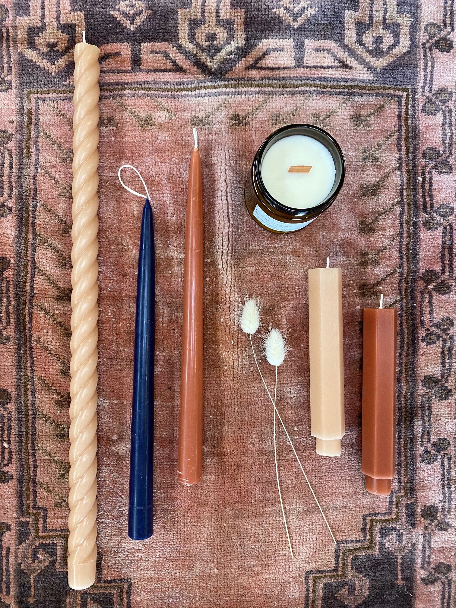 7. Here is a flat lay of our favorite beeswax taper candles. They range in sizes and colors but all come in a Set of 2.The fancy tapers are 18” and come in these lovely ‘Petal’ shade Retail $37Midnight blue + rust are drip free 12” tapers Retail $96…