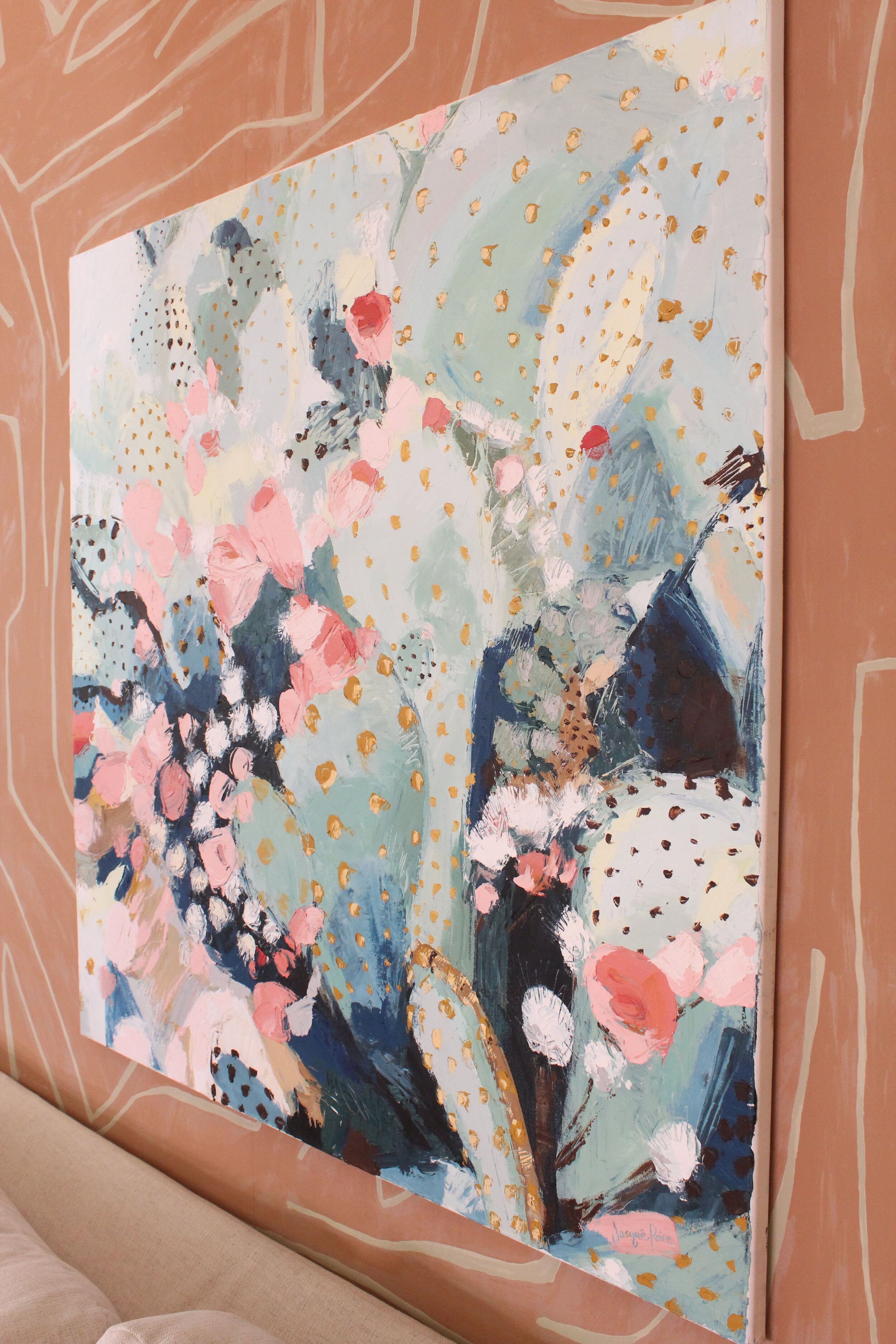 6. Beautiful painting by one of our favorite local artists Jacque Price. She not only creates stunning work but she has the most beautiful soul— inside and out. For this cactus painting she used oil + cold wax giving it a matte finish. Size is 36” X…