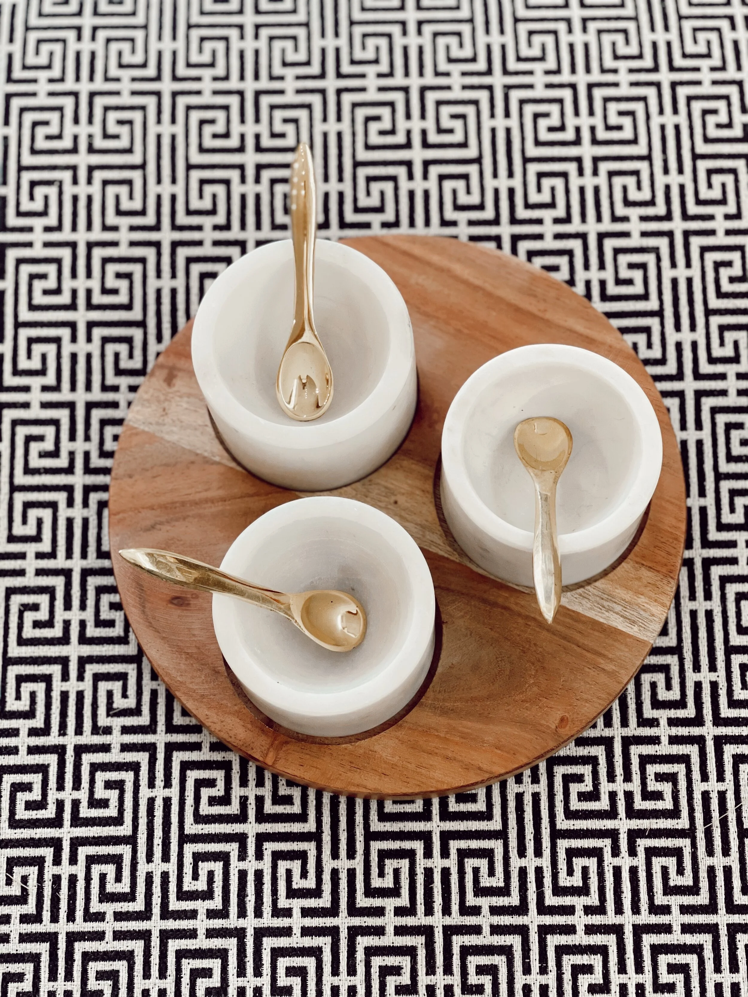 3 Marble Pinch Pots & Brass Spoons S/7 $50