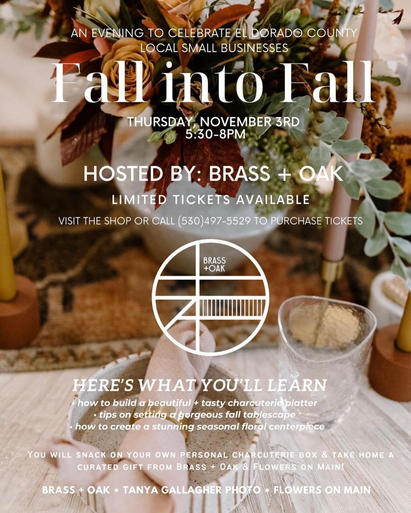 Join us Thursday November 3rd for our FALL into FALL event. Enjoy an evening to celebrate El dorado County local small business 🍂

Tickets are limited- call you reserve yours ✨530-497-5529 ✨ 
.
#visiteldorado #visitplacerville #visiteldoradowineries
