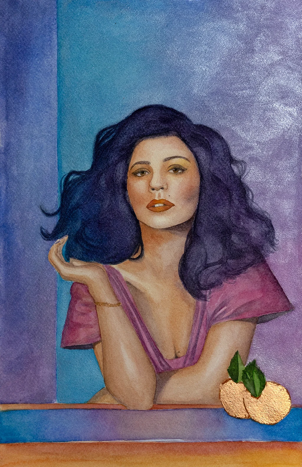  For this painting I wanted to recreate the colorful setting in the original photo for Marina’s promotional photo for her album “Froot”. Apart from using vibrant colors, I decided to use gold leaf and iridescent pigments on the background. 