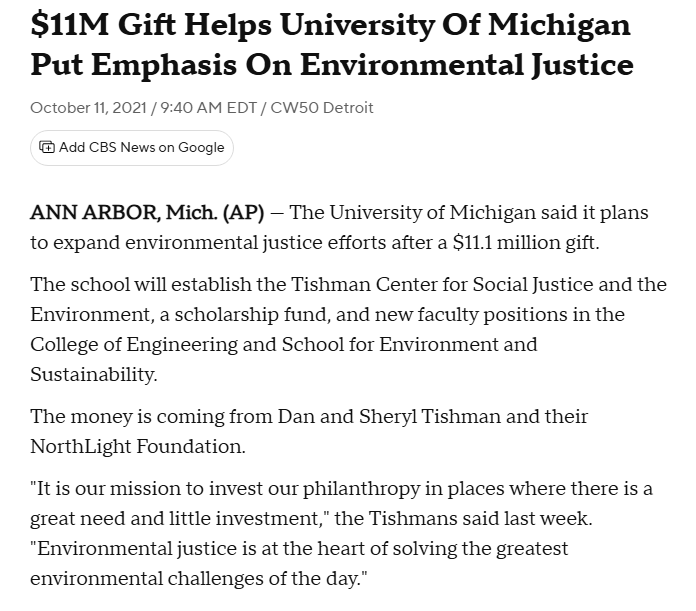 $11M Gift Helps University Of Michigan Put Emphasis On Environmental Justice