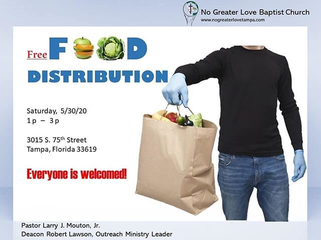 FREE nutritious food including meats, fruits and veggies will be distributed on 05.30.20 at NGLBC in a drive through  process. All are welcomed!  Doing our part to support families and our community during this unprecedented time. #nglbc #lep  #build