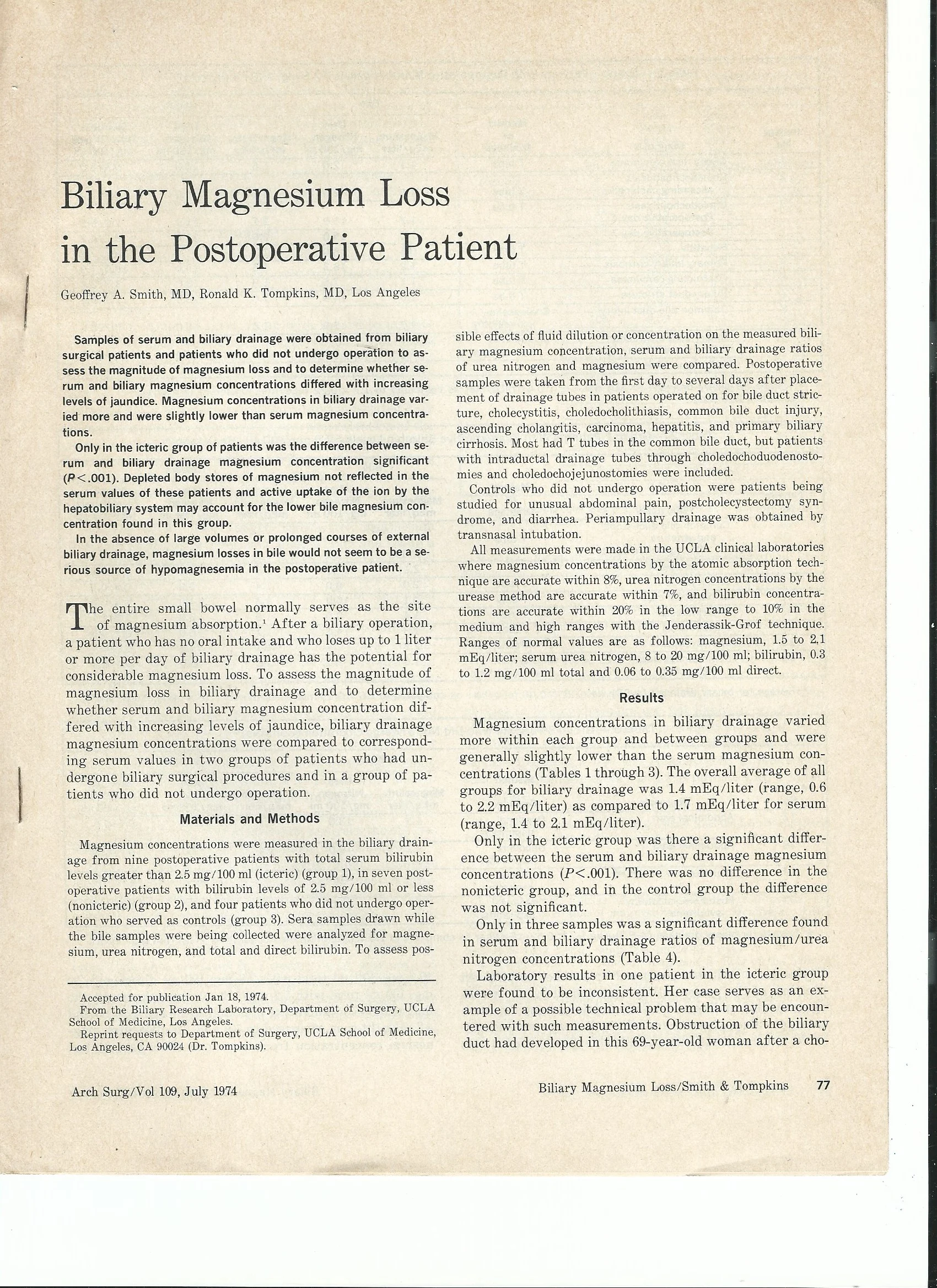 Biliary Magnesium Loss in the Postoperative Patient