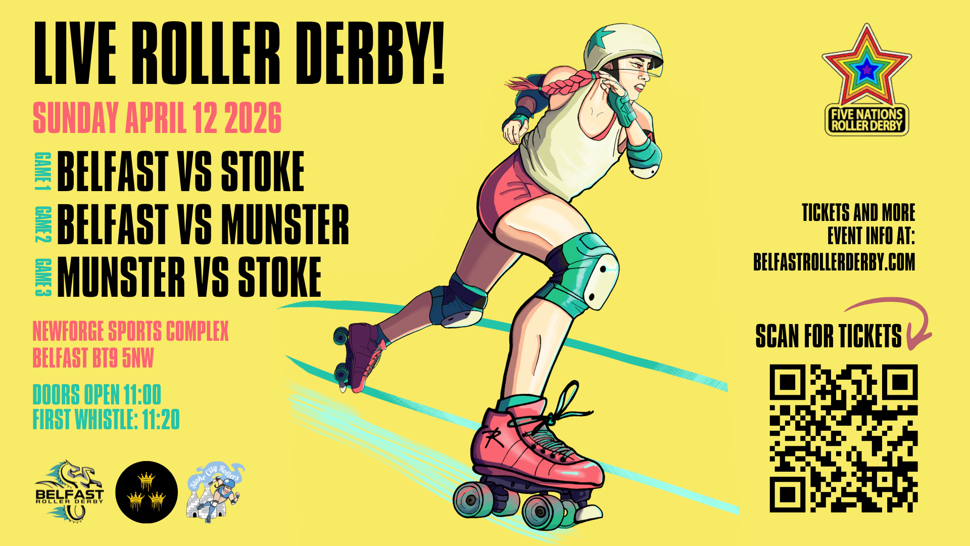 Dynamic illustration of a roller derby player with graphics containing event info