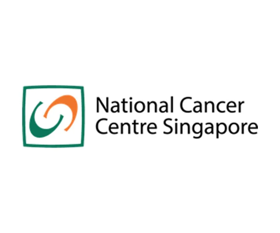 Logo of the National Cancer Centre Singapore, featuring a green and orange swirl within a green square outline and the organization's name in black text.