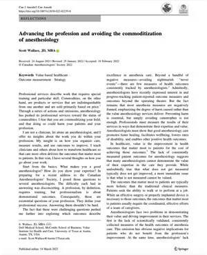 Advancing the Profession and Avoiding the Commoditization of Anesthesiology