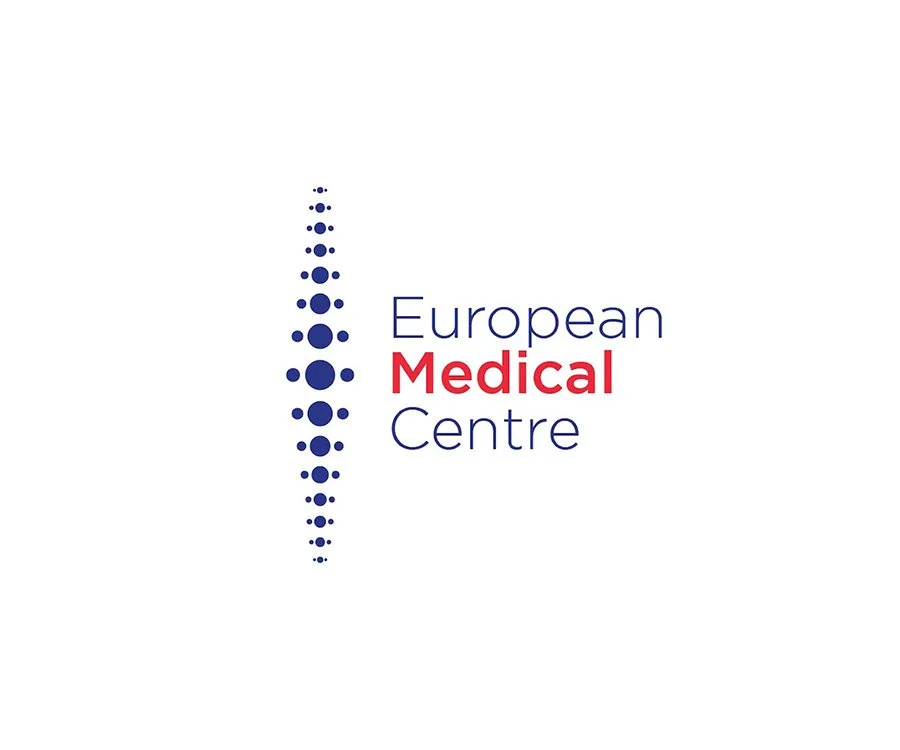 Logo of the European Medical Centre with a vertical line of blue dots on the left and the text 'European Medical Centre' with 'Medical' in red.