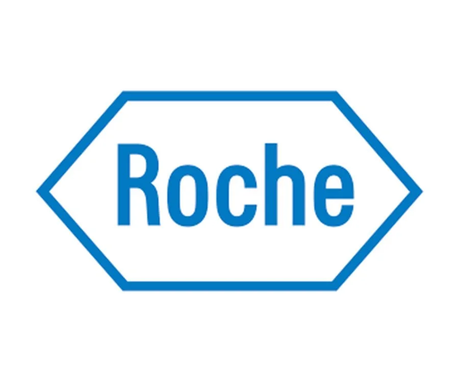 Blue hexagon outline with the word "Roche" in the center, in blue text.
