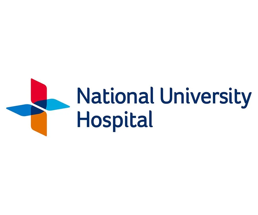 Logo of National University Hospital featuring a multicolored abstract cross and the hospital's name.