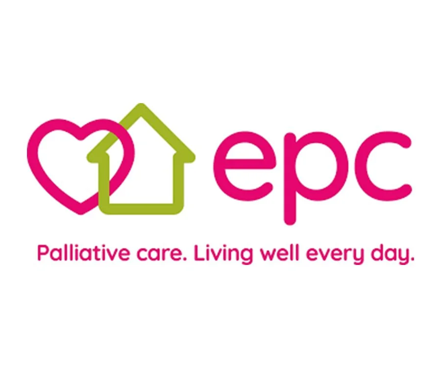 Logo with a pink heart and green house outline, the word 'epc' in pink, and the slogan 'Palliative care. Living well every day.' in pink.