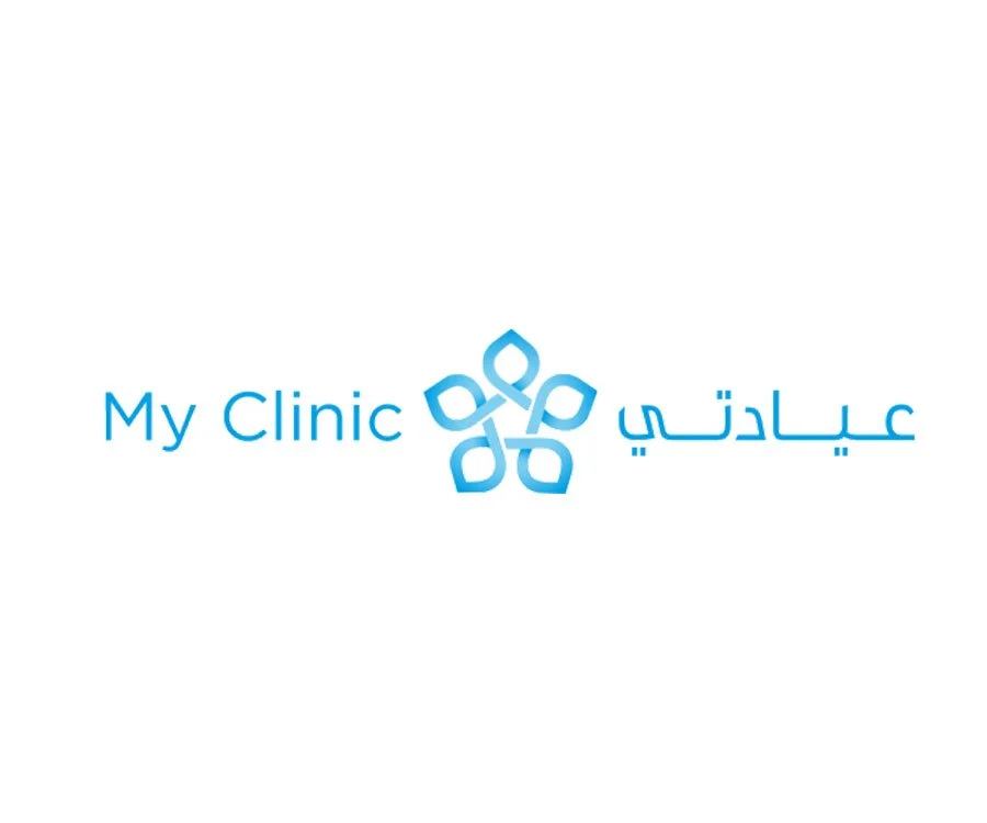 Logo for My Clinic featuring a stylized blue floral design and bilingual text in English and Arabic.