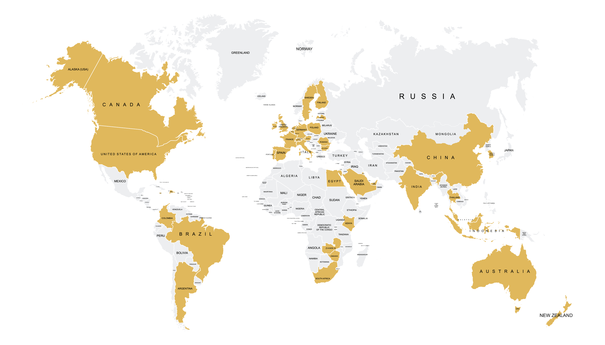 World map highlighting certain countries in gold color, including the United States, Canada, Brazil, Argentina, Australia, China, India, and various countries in Europe, Africa, and Asia.