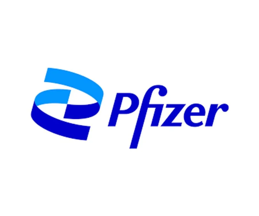 Pfizer logo with stylized blue and dark blue design and the word 'Pfizer' written next to it.