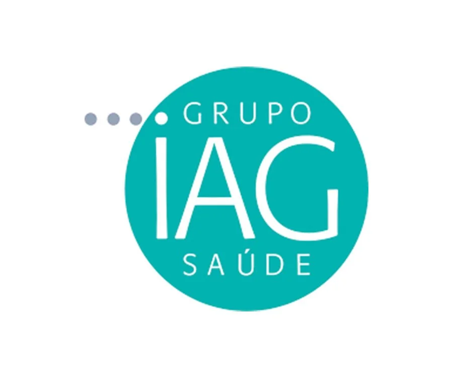Logo of Grupo IAG Saúde, featuring a teal circle with white text and three dots to the left.
