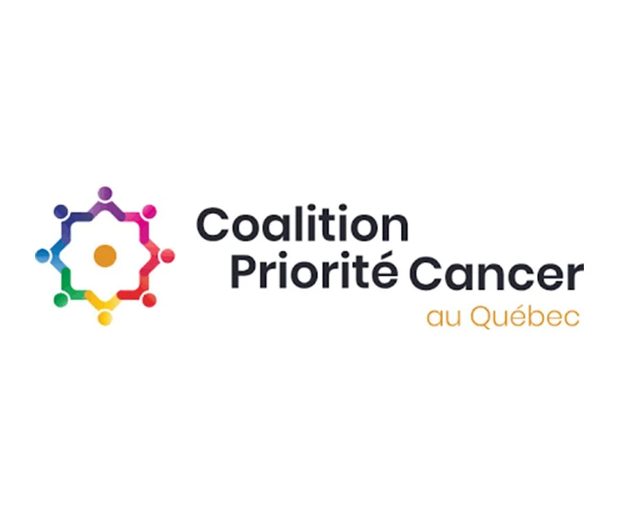 Logo of Coalition Priorité Cancer au Québec, featuring a colorful hexagon made of small circles connected by lines, with the organization's name in black and orange text.