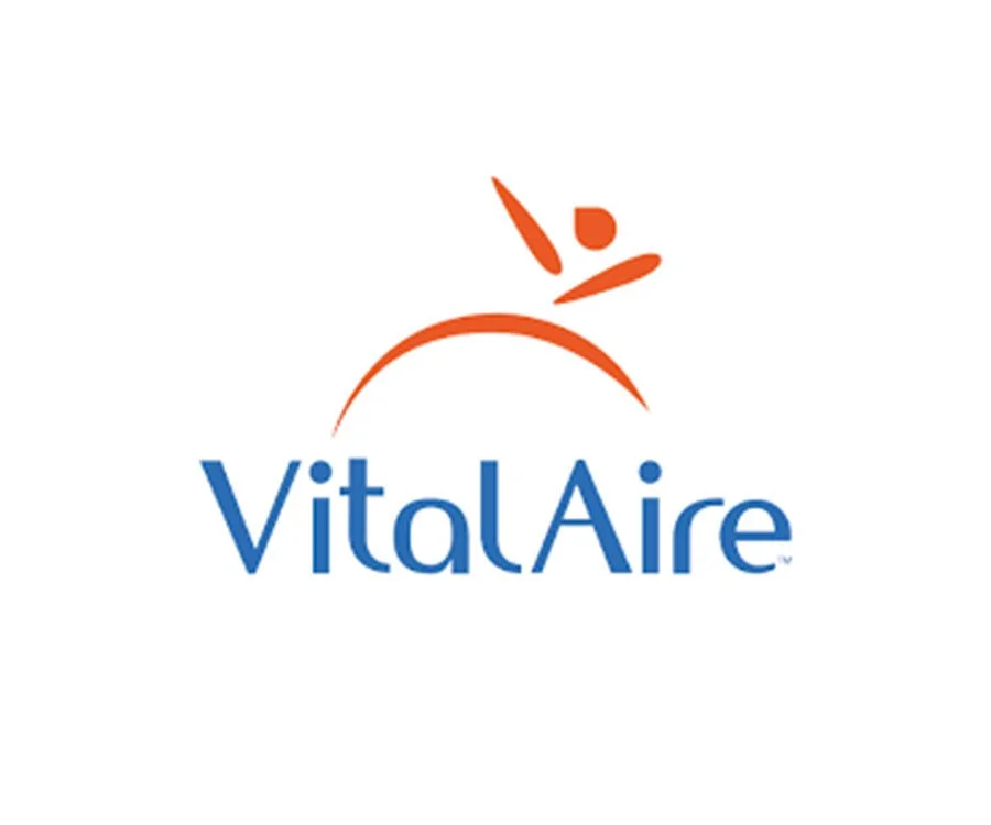 Logo of VitalAire featuring a stylized figure in orange above the company name in blue.