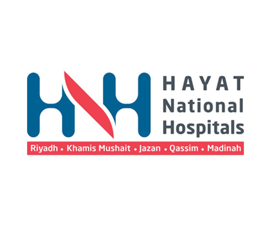 Logo of Hayat National Hospitals featuring blue 'H H' with a red flame in the middle and locations listed below.