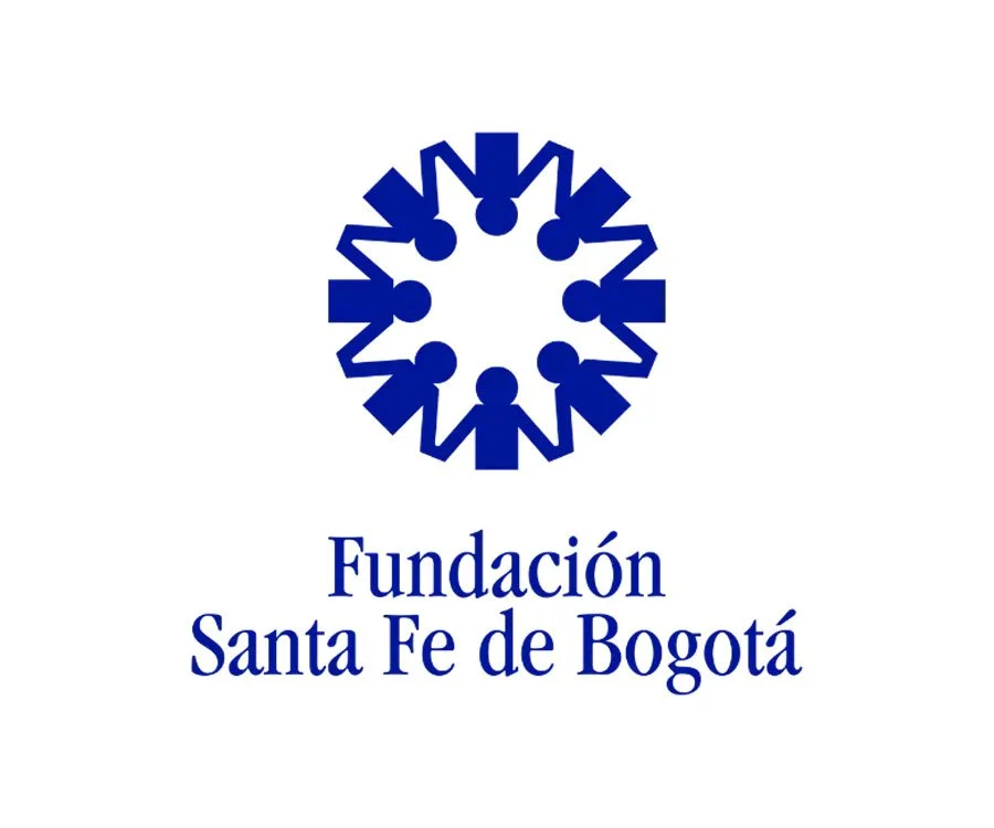 Logo of Fundación Santa Fe de Bogotá featuring a blue circular graphic of stylized human figures holding hands, with the foundation's name written below.