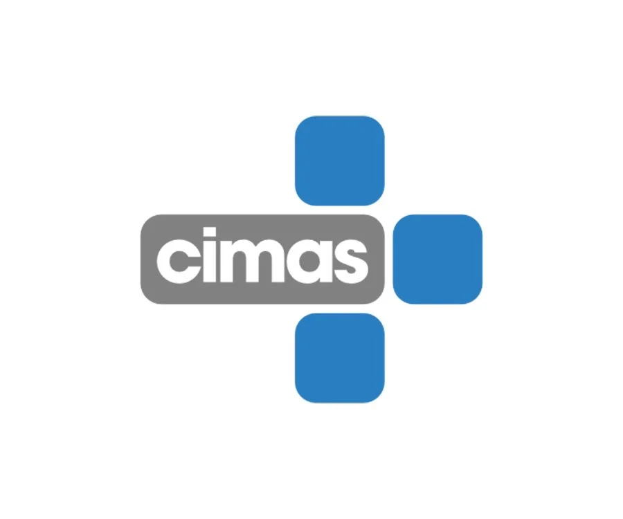 CIMAS logo with a gray rectangle containing white text and four blue squares surrounding it.