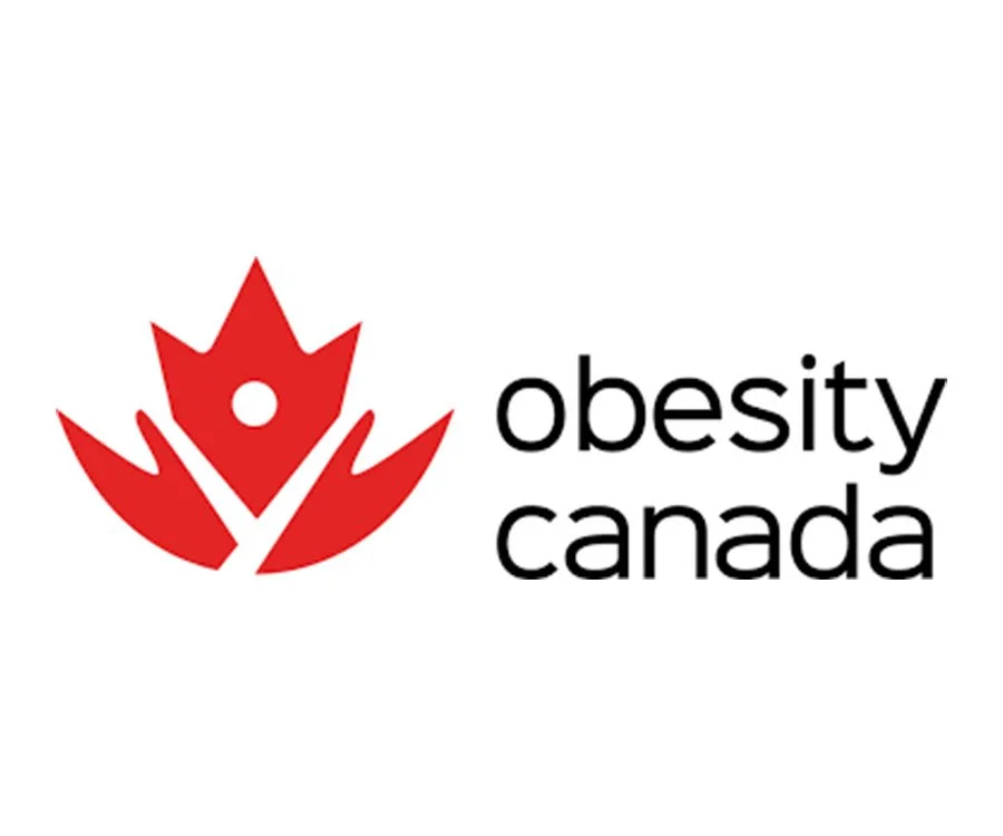 Logo of Obesity Canada featuring a stylized red maple leaf with a white circle in the center, accompanied by the text "obesity canada" in black.