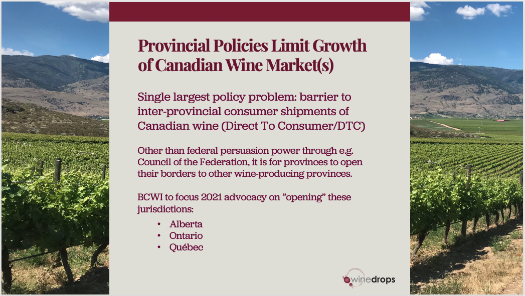  To be clear: this is a matter (principally) for provincial governments and their liquor monopolies to address:  •Federal government amended Criminal Code provision (Bill C-311) in 2012. BC opened its internal market later that year to DTC from other