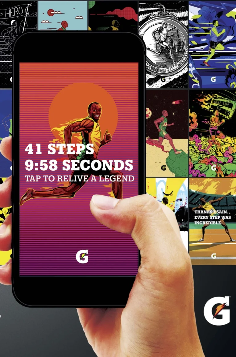  Usain Bolt said that the one thing he would miss most after he retired were his fans.  So on the day of Bolt's last 100-meter race, we gave 14 million fans around the world the chance to run along with him.  To do it, we created 41 unique illustrati