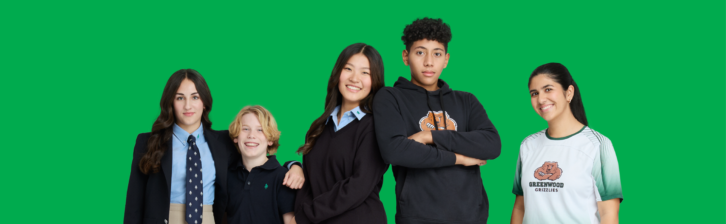an image of five students of varying ages, genders and ethnicities against a solid green background.