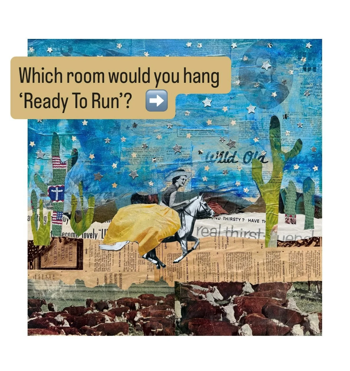 Which room is your favorite?? 

Also, is anyone else seeing &ldquo;butter yellow&rdquo; everywhere? In fashion, interior design, and art- I knew it had to be the color of this cowgirls dress 💁🏼&zwj;♀️. This is one of my more intricate collages and 