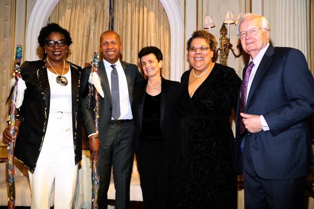 DeAnna Hoskins, Bryan Stevenson, Ana Oliveira, Vivian Nixon, and Bill Moyers at a New York Women's Foundation Radical Generosity fundraising event