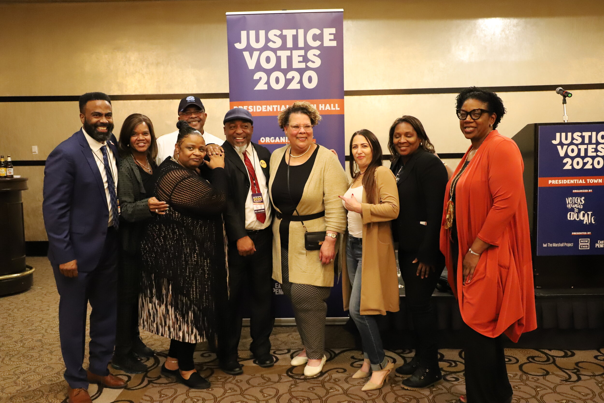 Vivian Nixon (middle) and DeAnna Hoskins (far right) with our FICPFM and other advocacy allies at the first-ever Justice Votes Town Hall, 2019