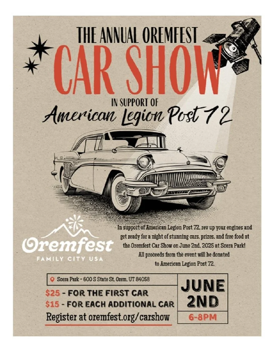 Orem Summerfest -NEW DATE 6/8/26 -OREM, SCERA SHELL $15.00 Requested Donation. CAR SHOW, OREM CITY CELEBRATION, 701S STATE STREET, 801-362-5062 Kelly