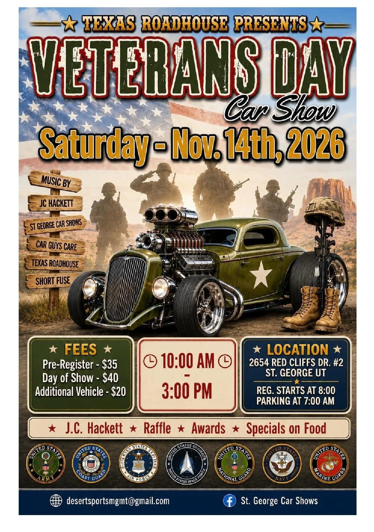 Tribute to our VETERANS Car Show, 2654 Red Cliffs Drive,  (St George area)... 435-632-2617 Darren, St. George Car Shows 