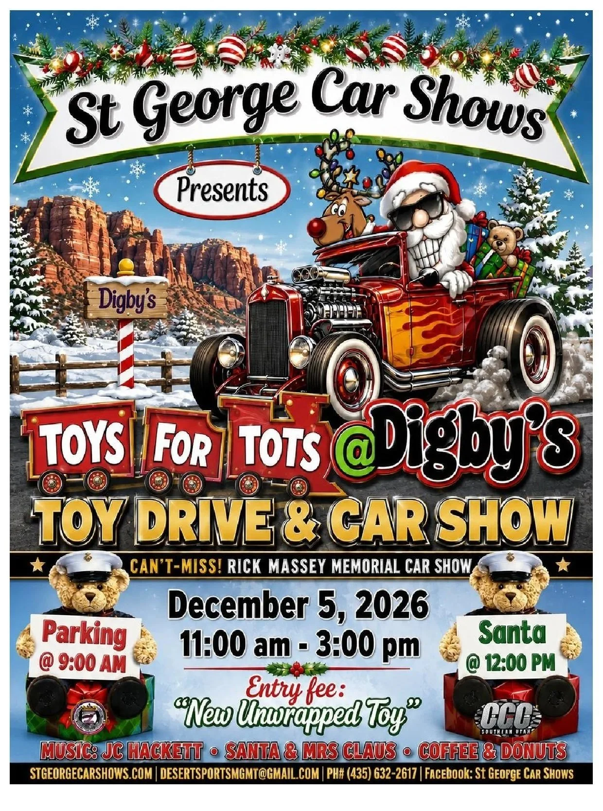 St. George, Rick Massey Memorial, 15th Annual Toys for Tots Car, Truck, Bike Show,, Monetary and Toy Fund Raiser for Kids. 435-623-2617 Darren.