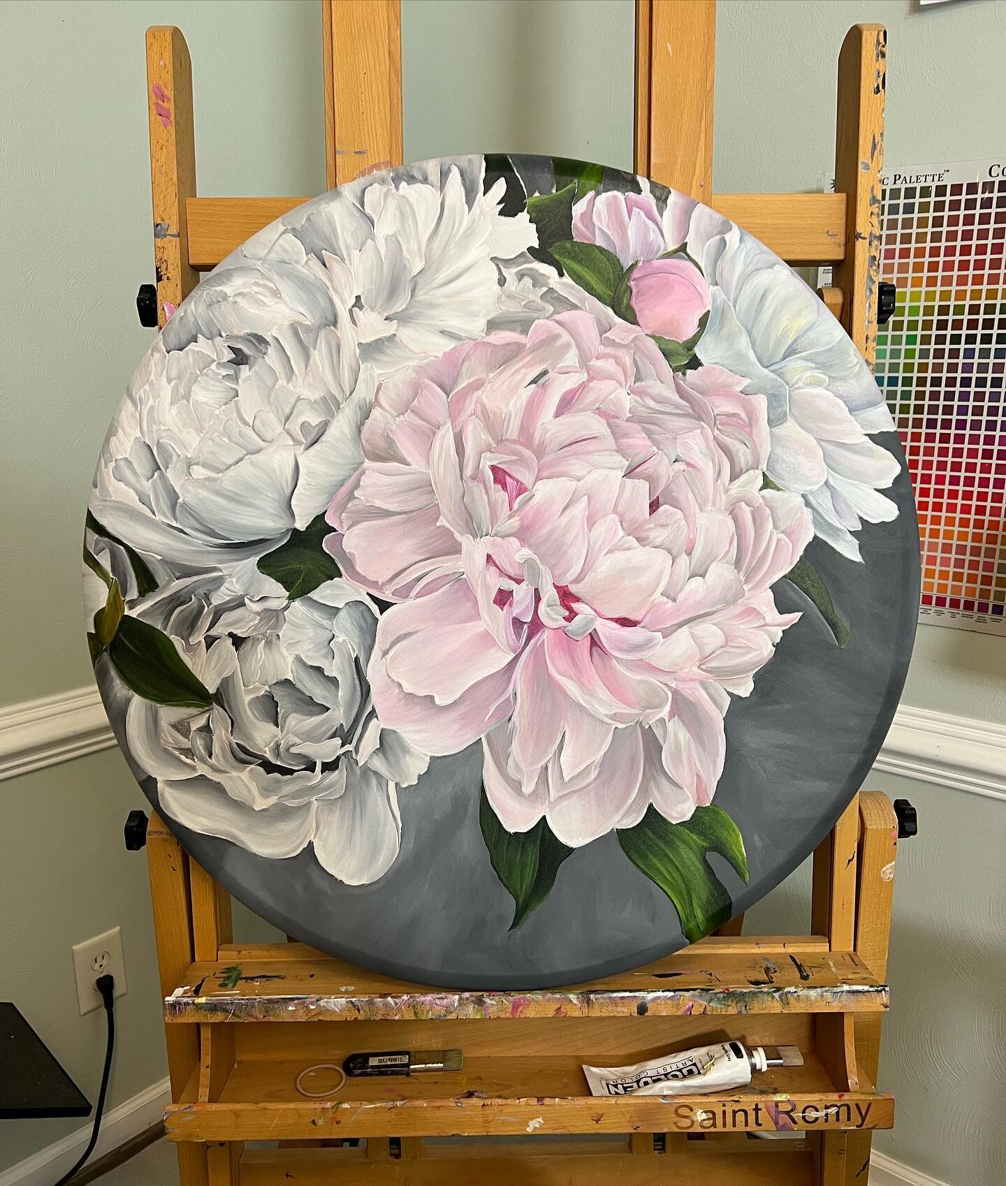 I don&rsquo;t usually post this early in process but thought I&rsquo;d give out a sneak peek. #whosupforaround? #lovemesomepeonies #lawingartstudio #stephlawing
