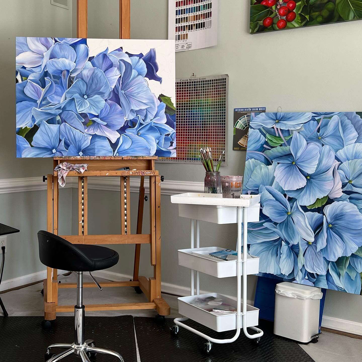 A new hydrangea painting in the works for Earth Day! My planted ones should be blooming soon. Every year they change slightly to a different color! What&rsquo;s ur favorite color hydrangea? #hydrangeaseason #bluehydrangeas #interiorart #artistsofinst