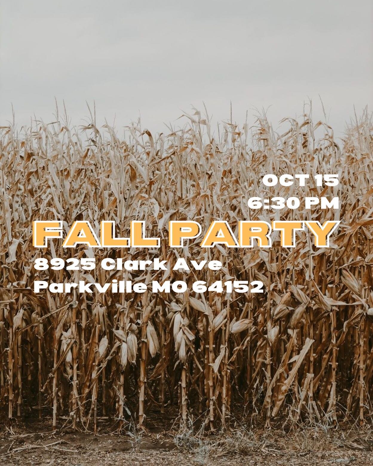 FALL PARTY 🏈🎃🍂

- All Youth !!!
- Potato Gun &amp; Pumpkin Launcher
- Chili, Chili, &amp; Chili
- Sweaters, S&rsquo;mores, Cider
- ANYTHING FALL THEMED

When? October 15th
Where? 8925 Clark Ave Parkville MO 64152

Bring a friend and enter to win a