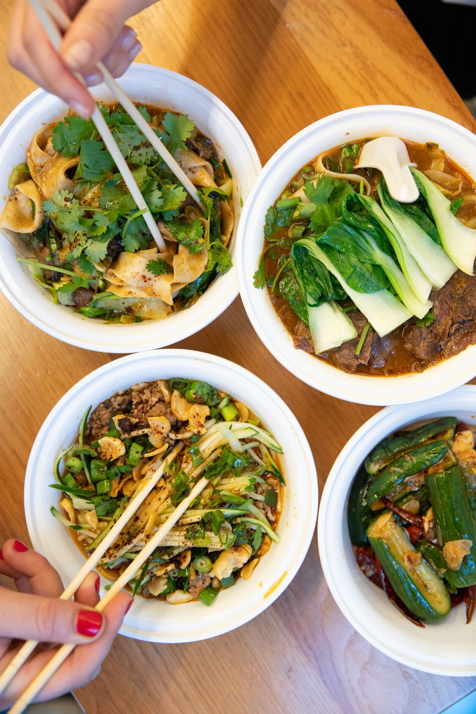 overhead shot of 4 different dishes of very fresh noodles