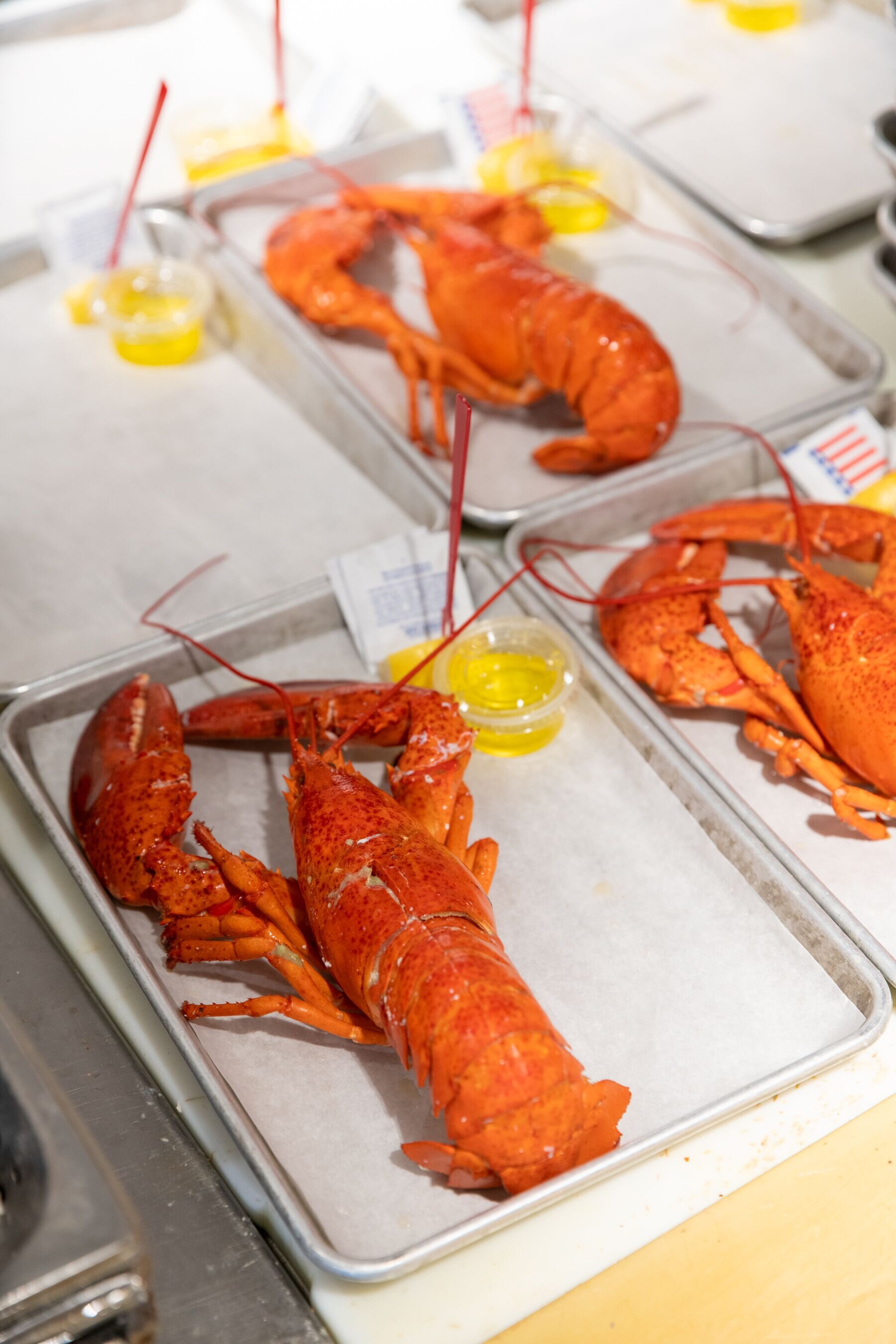 three cooked lobsters on a tray